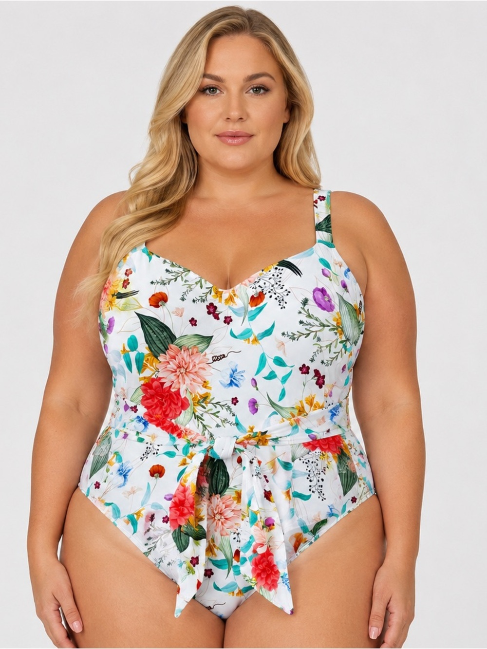 Jantzen White Tropical Floral Print One-Piece Swimsuit w/Tie-Front Size 22W NWT